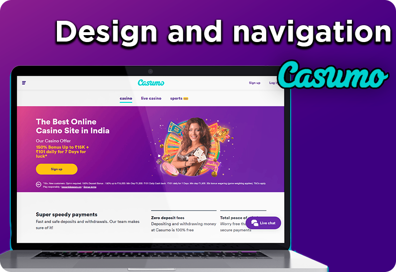 Main page of Casumo site opened on a laptop and Casumo logo