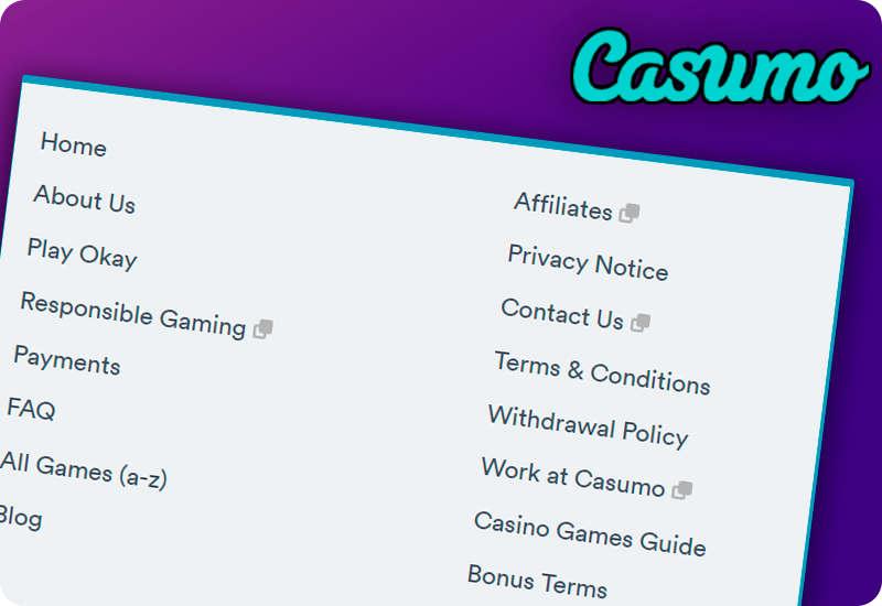 The bottom menuon the Casumo casino site and Casumo logo
