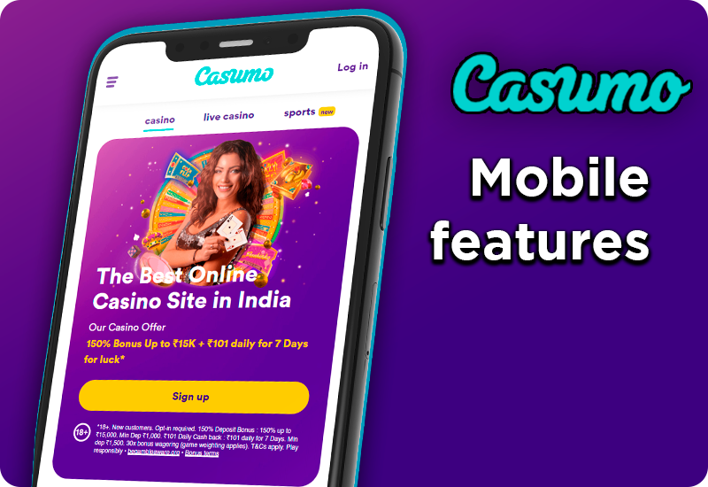 Main page of Casumo casino opened on a smartphone and Casumo logo