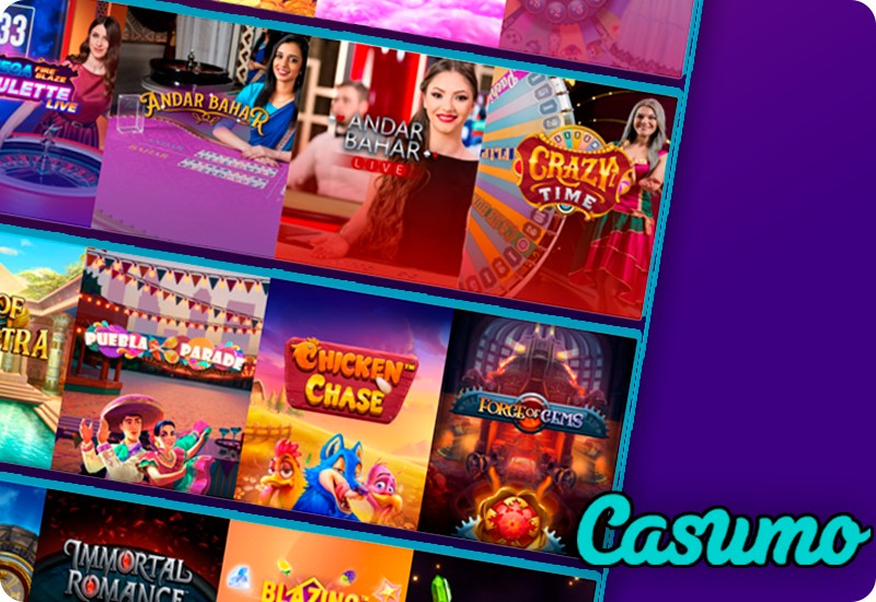 Screenshot of live casino category at Casumo site and Casumo logo