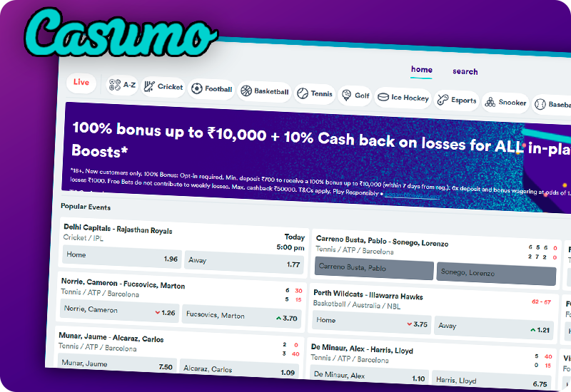 Screenshot of betting category on Casumo site