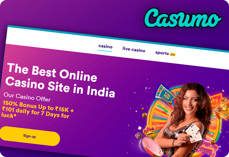 Main banner with smiling woman on the main page of Casumo Casino site and Casumo logo