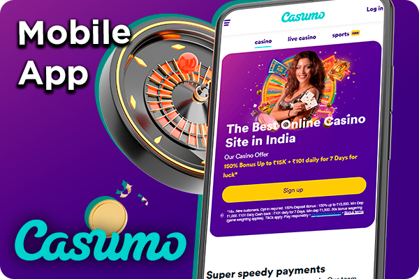 Casumo site opened on a smartphone and a casino roulette on the background and Casumo logo