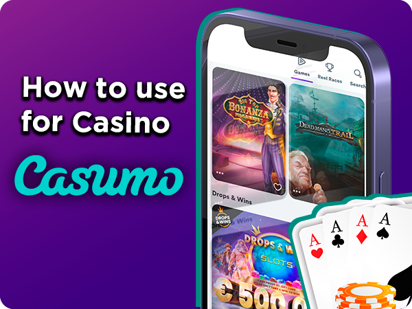 Casumo casino section opened on a smartphone and cards with poker chips and Casumo logo