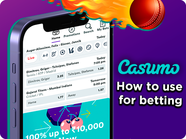 Casumo Betting section opened on a smartphone and cricket ball falling with fire and Casumo logo