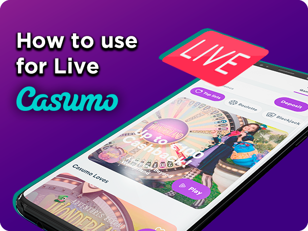 Live section on the Casumo casino opened on a smartphone and Casumo logo