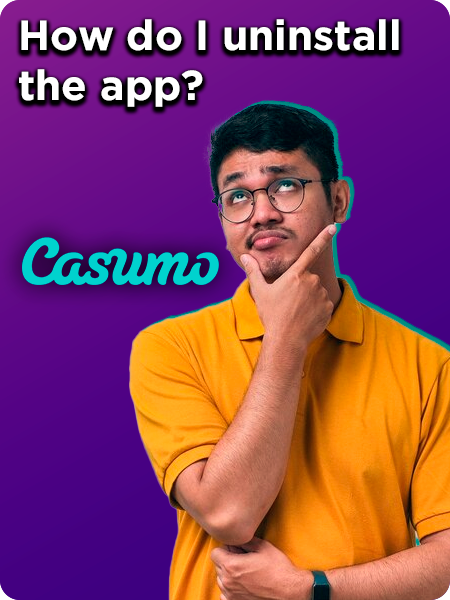 Thoughtful Indian man in yellow t-shirt and glasses and Casumo logo