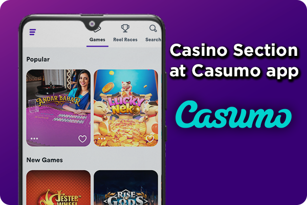 Casino section at Casumo website opened on smartphone and Casumo logo