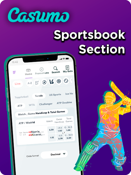 Sportsbook category on Cazumo website open on smartphone and cricketer silhouette and Casumo logo