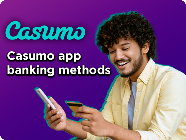Happy Hindu enters payment details from paying card into smartphone and Casumo logo