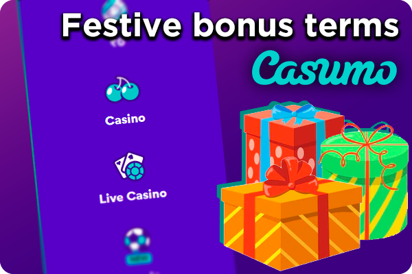 Three gift boxes on the background of the left menu bar on the Casumo website and Casumo logo