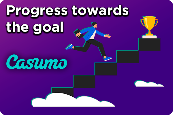 A man runs up the stairs to the cup against the background of clouds and Casumo logo