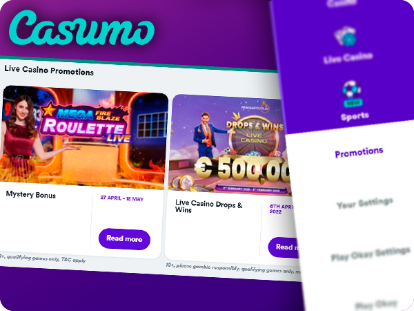 Live Casino promotions on the Casumo website and Casumo logo