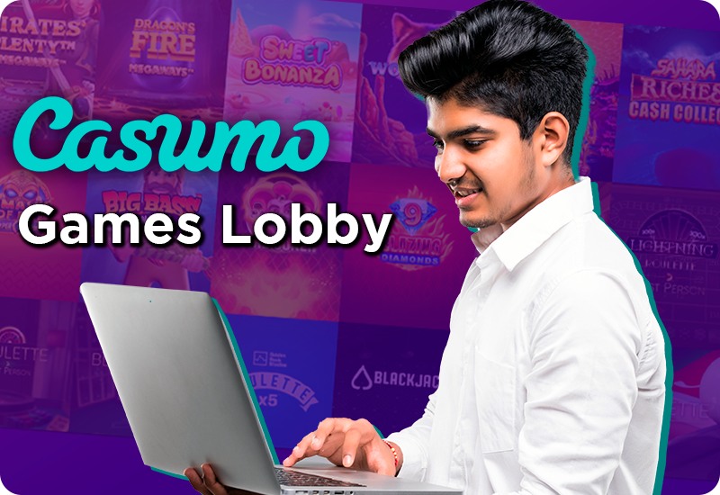 Happy indian man using a laptop and Casumo logo