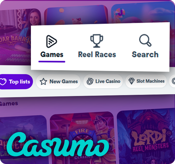 Casino categories on the Сazumo Casino website and Casumo logo