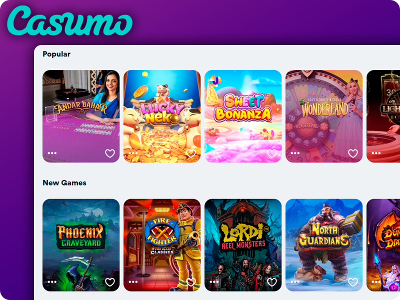 Popular and New games categories on the Casumo website and Casumo logo