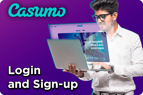Indian man with glasses holding a laptop with an opened Casumo website gologramm and Casumo logo