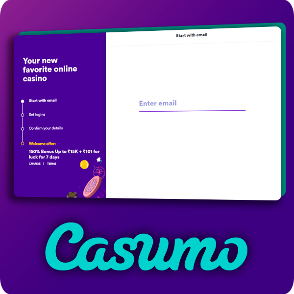 Registration email form on the Casumo website and Casumo logo