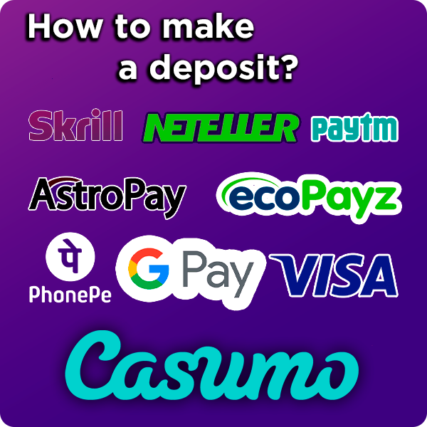 Skrill, Neteller, Paytm, AstroPay, ecoPayz, PhonePe, GPay and Visa payment logos and Casumo logo