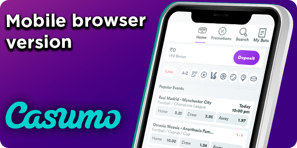 Casumo mobile browser version opened on a smartphone and Casumo logo
