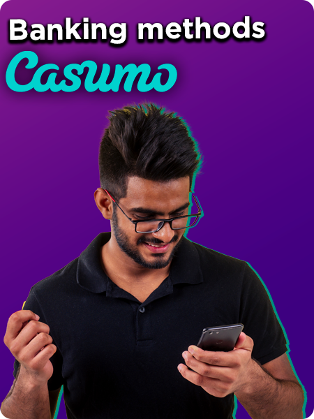 Indian man rejoices holding smartphone and Casumo logo