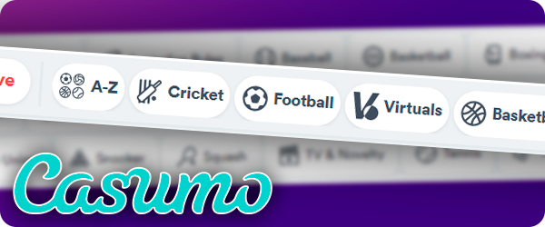 Sports categories on Casumo website and Casumo logo