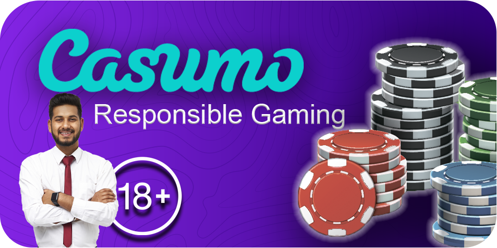 casumo, Responsible Gaming, man folded his hands, 18+, casino chips, purple background