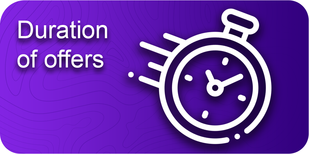 Duration of offers inscription, running time icon, purple background