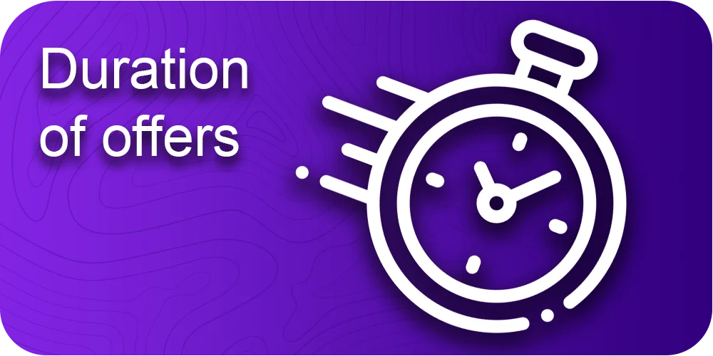 Duration of offers inscription, running time icon, purple background