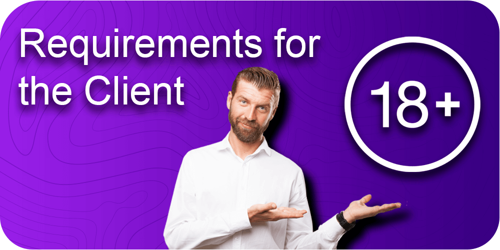 Requirements for the Client, a man points to the inscription 18+, purple background
