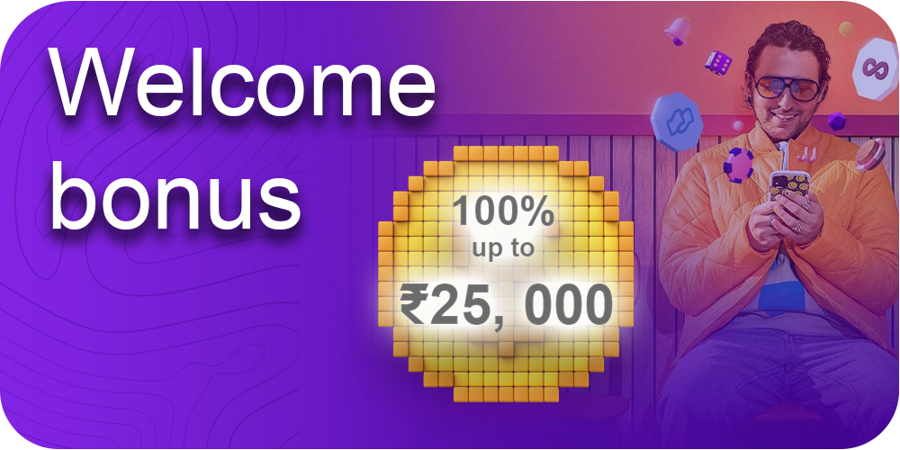 the inscription welcome bonus, a person plays on the phone, patching icons, bonus 25000 rupees, purple background