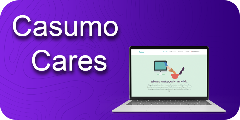 Casumo Cares, open laptop, purple background