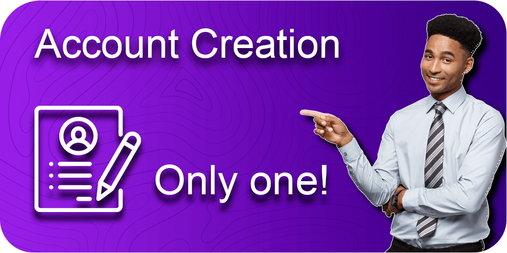 Account Creation, a man shows a finger, a sketchy sheet of paper and a pencil, purple background