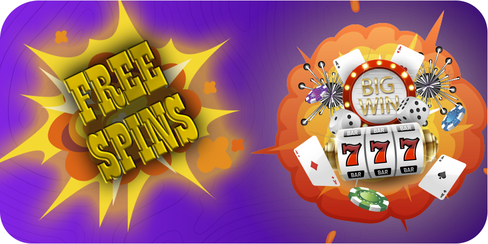 the inscription free spins on the background of the explosion, casino cards chips on the background of the explosion, purple background