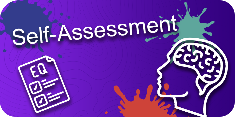 Self-Assessment, blots, schematic head with brain, EQ test, purple background