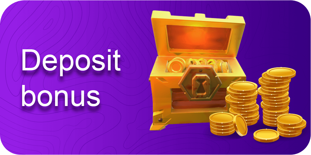 inscription deposit bonus, chest with coins, gold coins, purple background