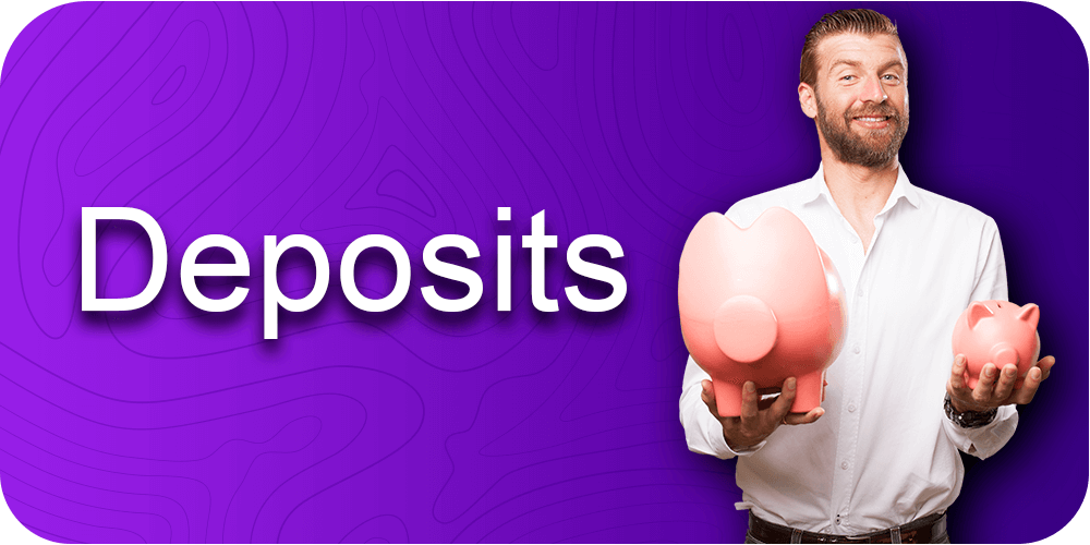 Deposits, a man holding a piggy bank, purple background