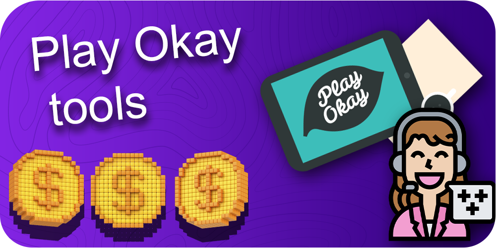 Play Okay tools, gold coins, tablet, operator in headphones, purple background
