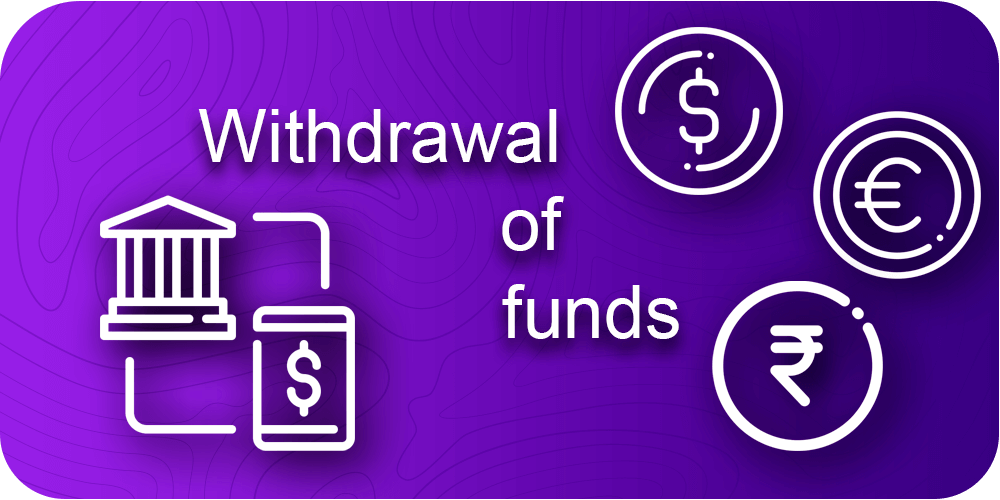 Withdrawal of funds, dollar, euro, rupee icons, bank icon, purple background