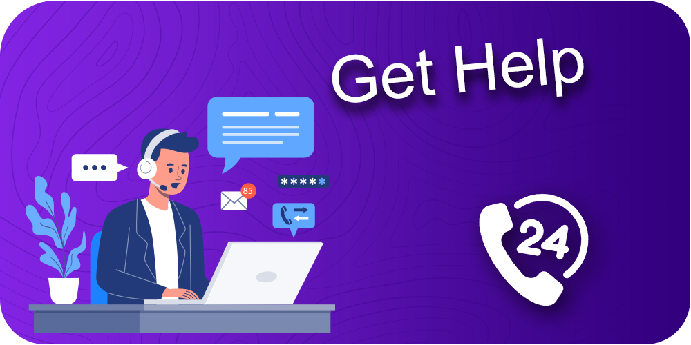 Get Help, a man in headphones at a computer, sending messages, around the clock, purple background