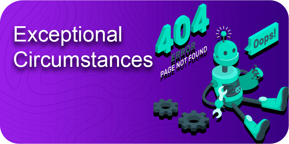 Exceptional Circumstances, green robot with a key, error 404, gears, purple background