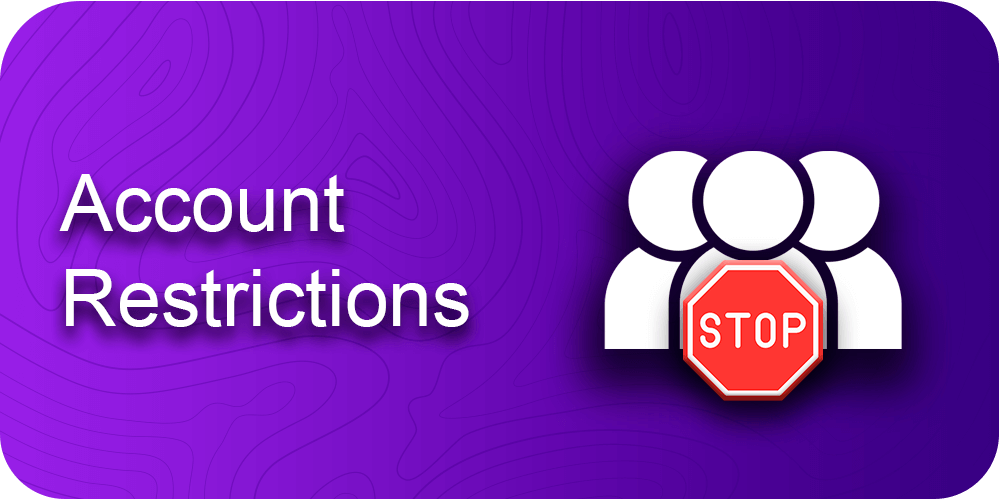 the inscription Account Restrictions, schematically depicting three people with a stop sign, purple background